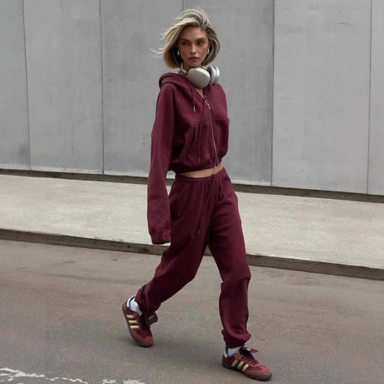 Damen Sportliches Hoodie-Set mit hohem Kragen und bequemen Hosen EB