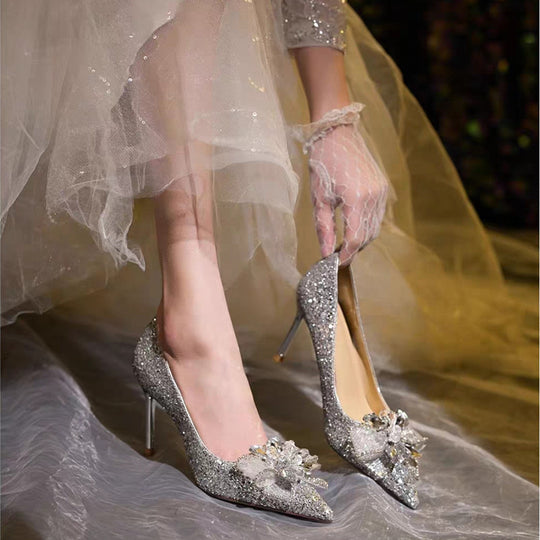 Damen Glamouröse hochhackige Glitzer-Pumps mit eleganter Schleifenverzierung EB