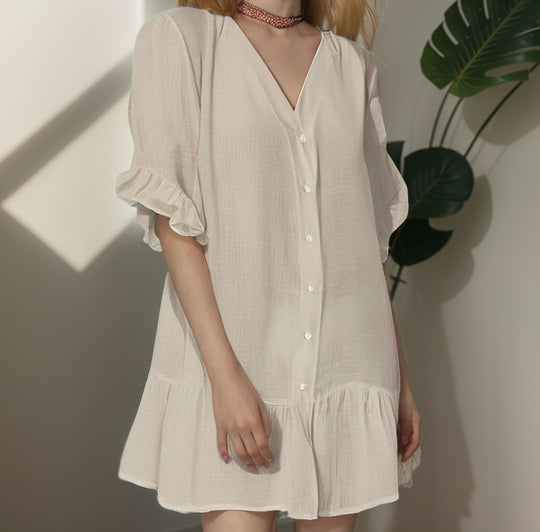 Damen Shirtkleid mit Puffärmeln und Volantabschluss EB