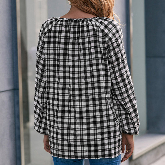 Damen Bluse mit Karo-Muster und Schleifendetail EB