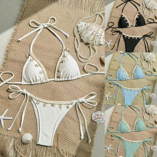Damen Triangel-Bikini-Set mit verspielten Details und verstellbaren Bindebändern EB
