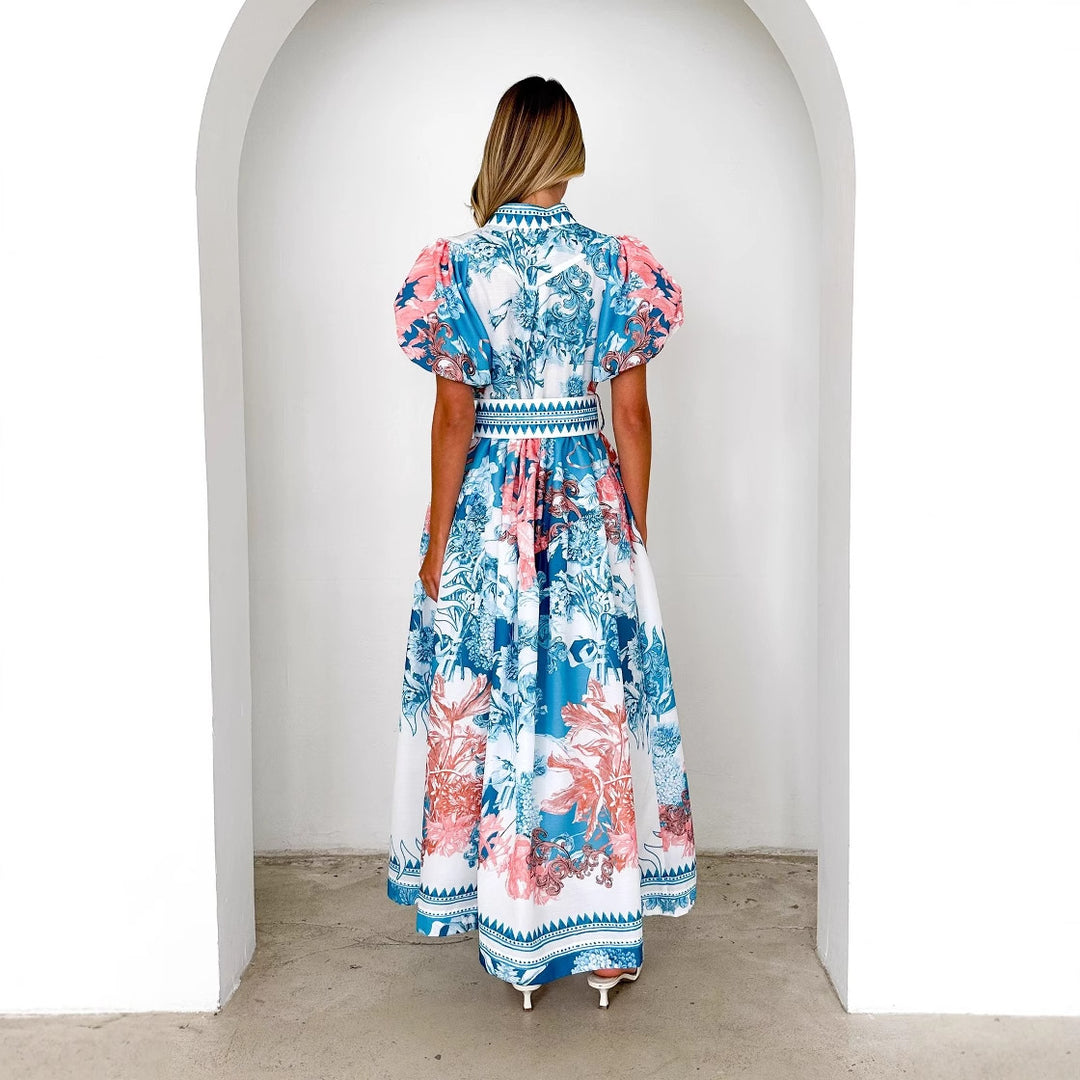 Damen Maxikleid mit voluminösen Puffärmeln und zartem Blumenmuster EB