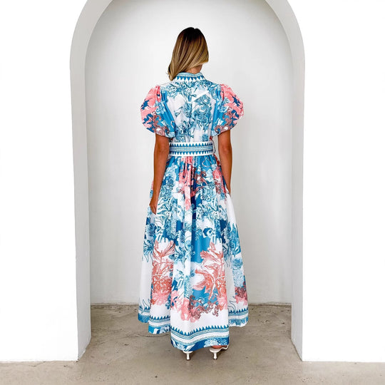 Damen Maxikleid mit voluminösen Puffärmeln und zartem Blumenmuster EB