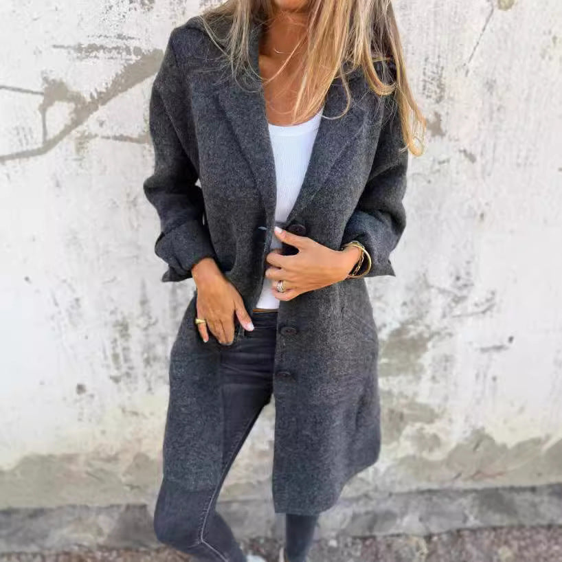 Damen Eleganter Oversize-Wollmantel mit Durchgehender Knopfleiste und Praktischen Taschen EB