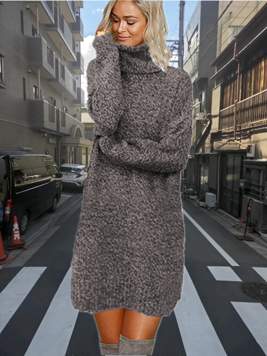 Damen Strickkleid mit hohem Kragen aus kuscheligem Material EB