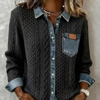 Damen nan geflochtener Strickpullover mit integriertem Jeanskragen und Brusttasche EB