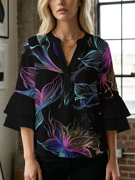 Damen Blusenshirt mit voluminösen Ärmeln und floralem Muster EB