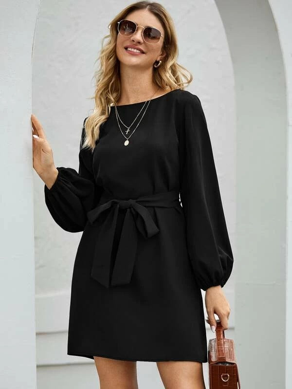 Damen nan elegantes Etuikleid mit Ballonärmeln und Taillengürtel EB