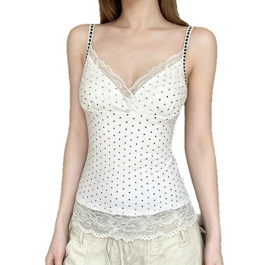 Damen Spaghetti-Trägertop mit floralen Spitzenakzenten und Polka-Punkten EB