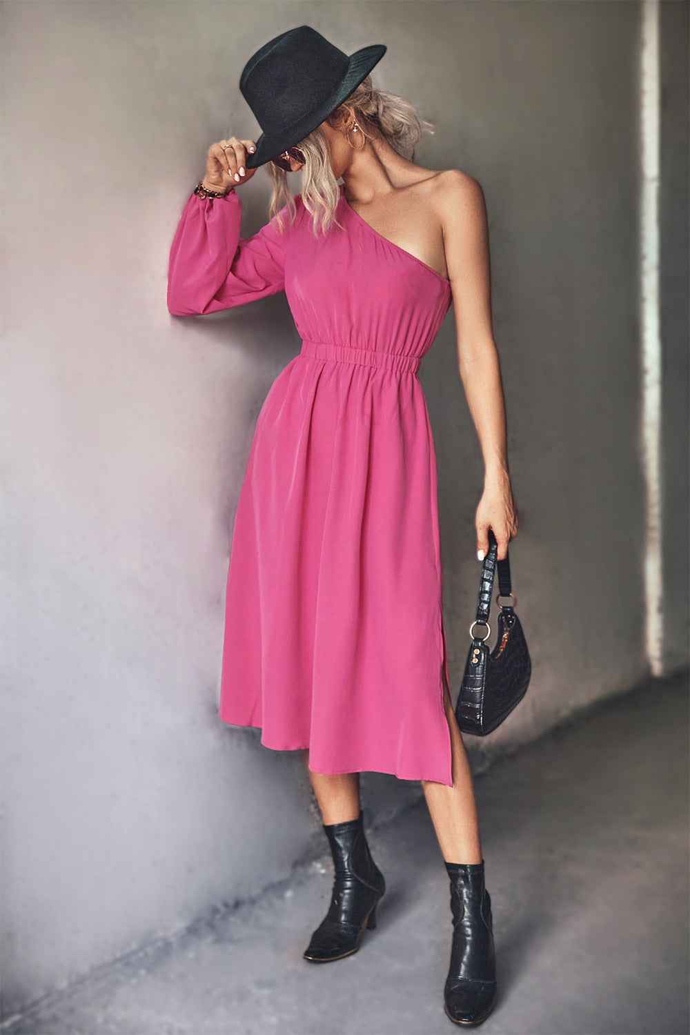 Damen Midikleid mit asymmetrischem One-Shoulder-Design und elastischem Taillengürtel EB
