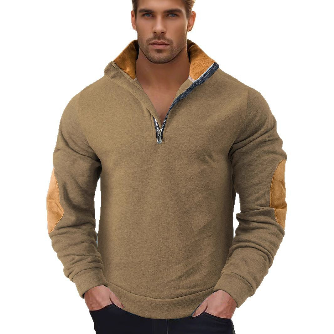Herren nan Kurzzip-Stehkragenpullover mit Kontrastkragen und Wildleder-Ellenbogenpatches EB