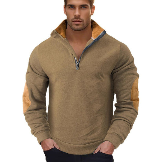 Herren nan Kurzzip-Stehkragenpullover mit Kontrastkragen und Wildleder-Ellenbogenpatches EB
