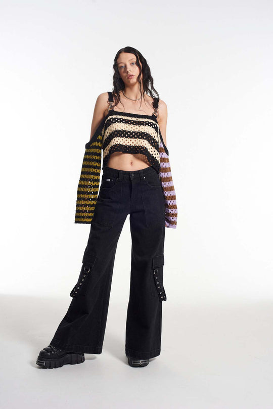 Damen gehäkeltes Crop-Top mit kreativen Streifen und dekorativen Ärmeln EB