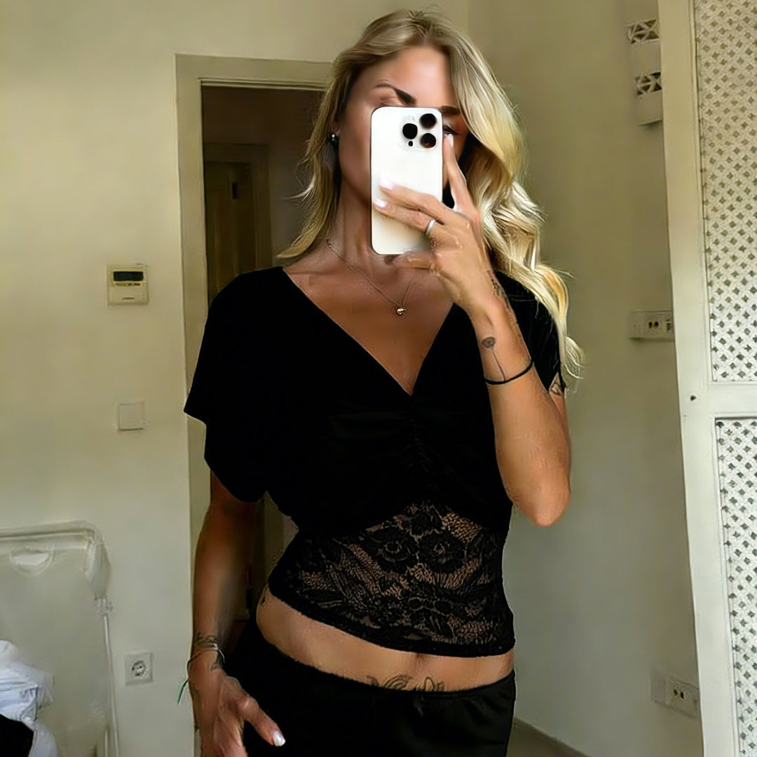 Damen elegantes Oberteil mit Spitze und Raffung EB