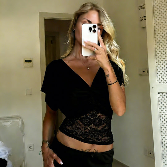 Damen elegantes Oberteil mit Spitze und Raffung EB
