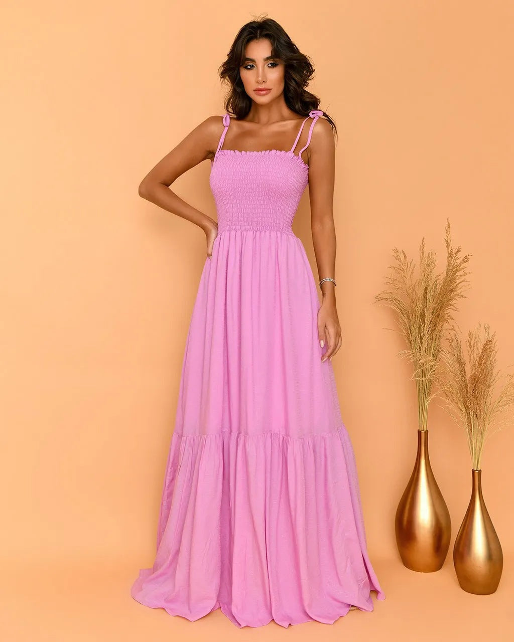 Damen luftiges Maxikleid mit Spaghetti-Trägern und Rüschendetails EB