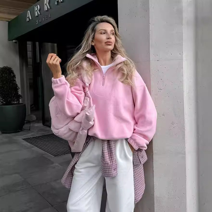 Damen Kuscheliger Fleece-Pullover mit kurzem Reißverschluss EB