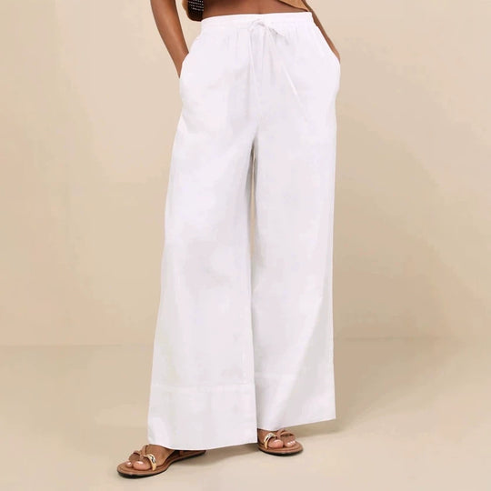 Damen Weite Leinenhose mit elastischem Bund und seitlichen Taschen EB