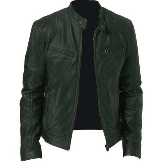 Herren nan schlanke Echtleder-Bikerjacke mit Stehkragen, zwei Brust-Reißverschlusstaschen und geradliniger Silhouette EB