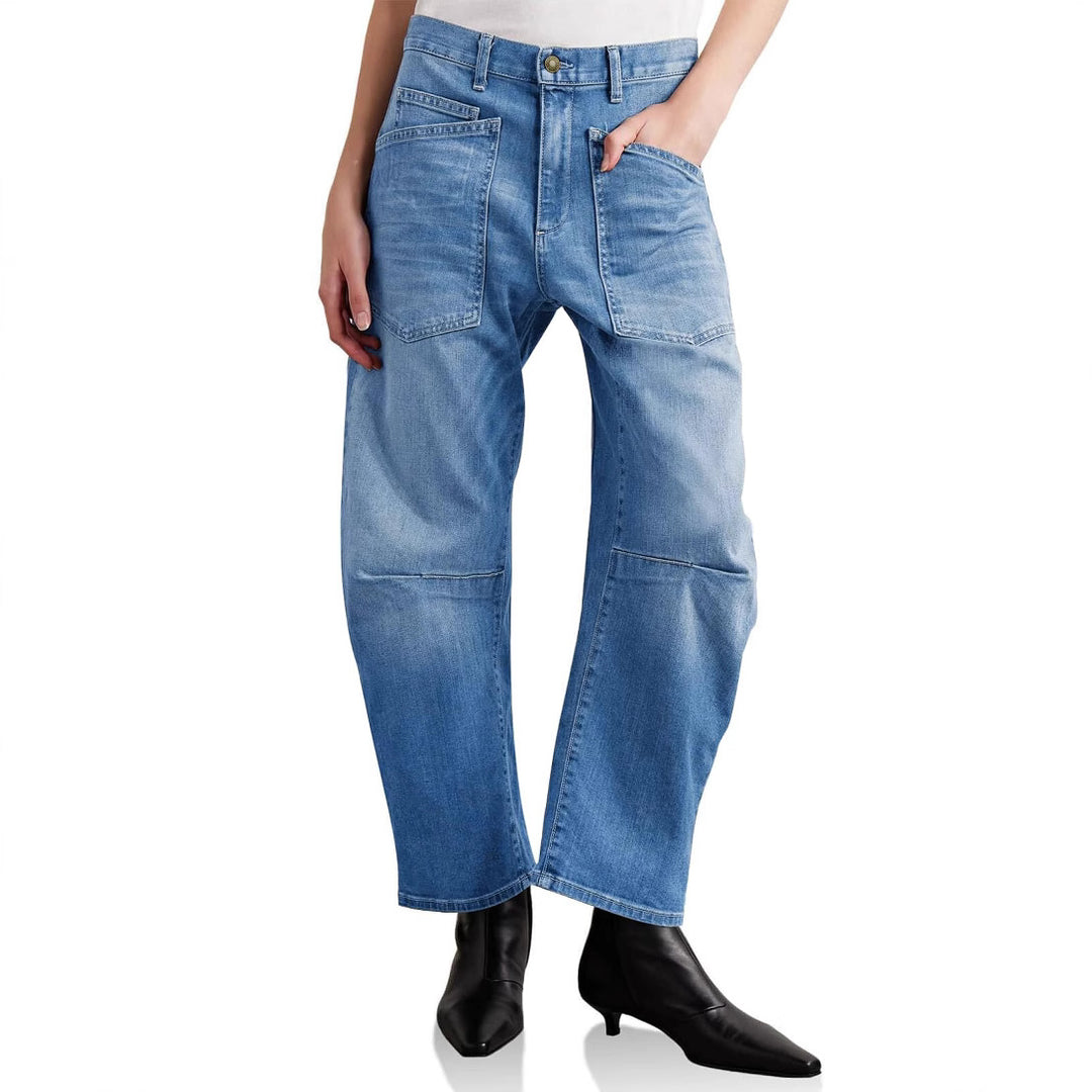 Damen nan lässige Canvas-Hose mit hohem Bund, weitem Bein und aufgesetzten Taschen EB