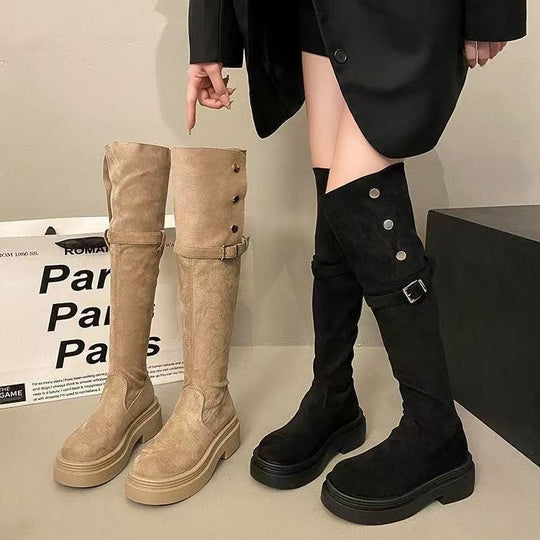 Damen Overknee-Stiefel mit modernem Riemen-Design und bequemer Plattformsohle EB