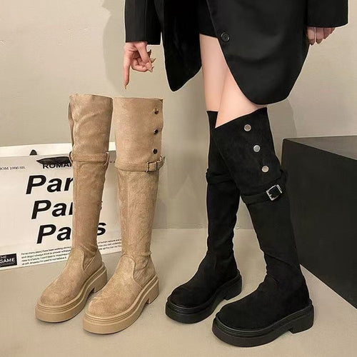 Damen Overknee-Stiefel mit modernem Riemen-Design und bequemer Plattformsohle EB