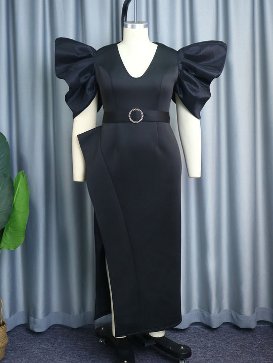 Damen elegantes Abendkleid mit voluminösen Puffärmeln und tailliertem Gürtel EB