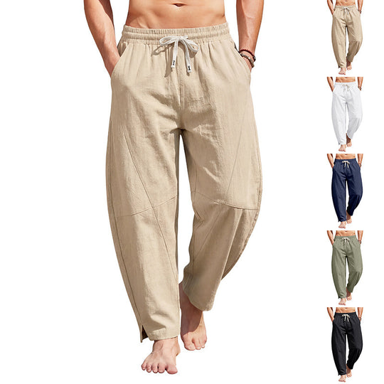 Herren knöchellange Freizeithose aus Leinenmix mit elastischem Kordelbund und seitlichen Schlitzen EB