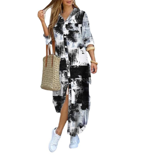 Damen Langarmhemdkleid mit elegantem Charme und reichhaltigem Grafikdruck EB