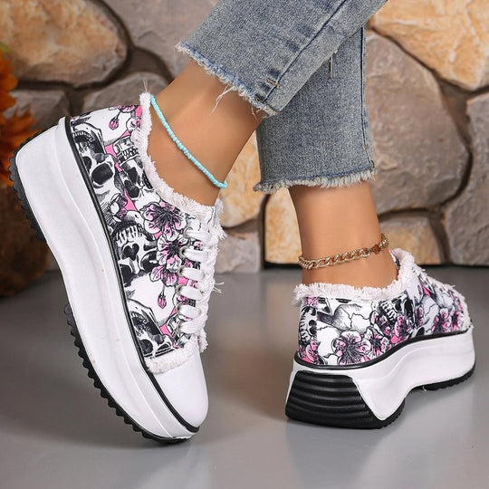 Damen Plattform-Sneaker mit floralem Design und hoher Sohle EB