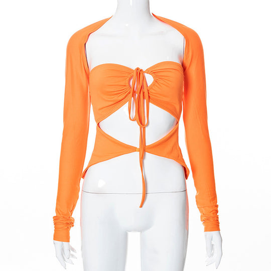Damen Langarm-Trägershirt mit kreativem Cut-out und eleganter Wickeloptik EB
