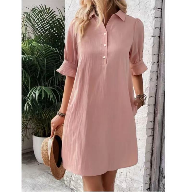Damen lässiges Hemdkleid mit kurzen Ärmeln und praktischen Taschen EB