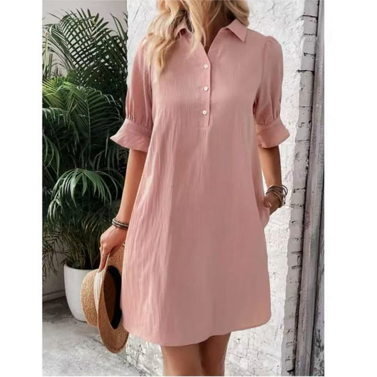Damen lässiges Hemdkleid mit kurzen Ärmeln und praktischen Taschen EB