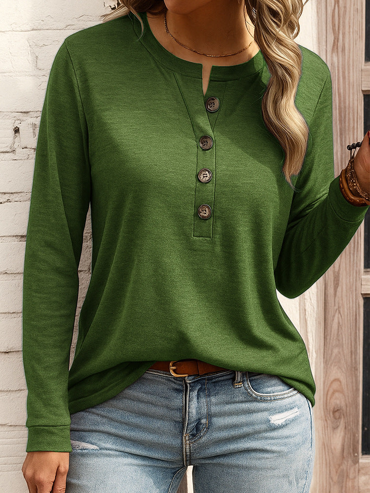 Damen Langarm-Henleyshirt mit Knopfleiste und Notch-Ausschnitt EB