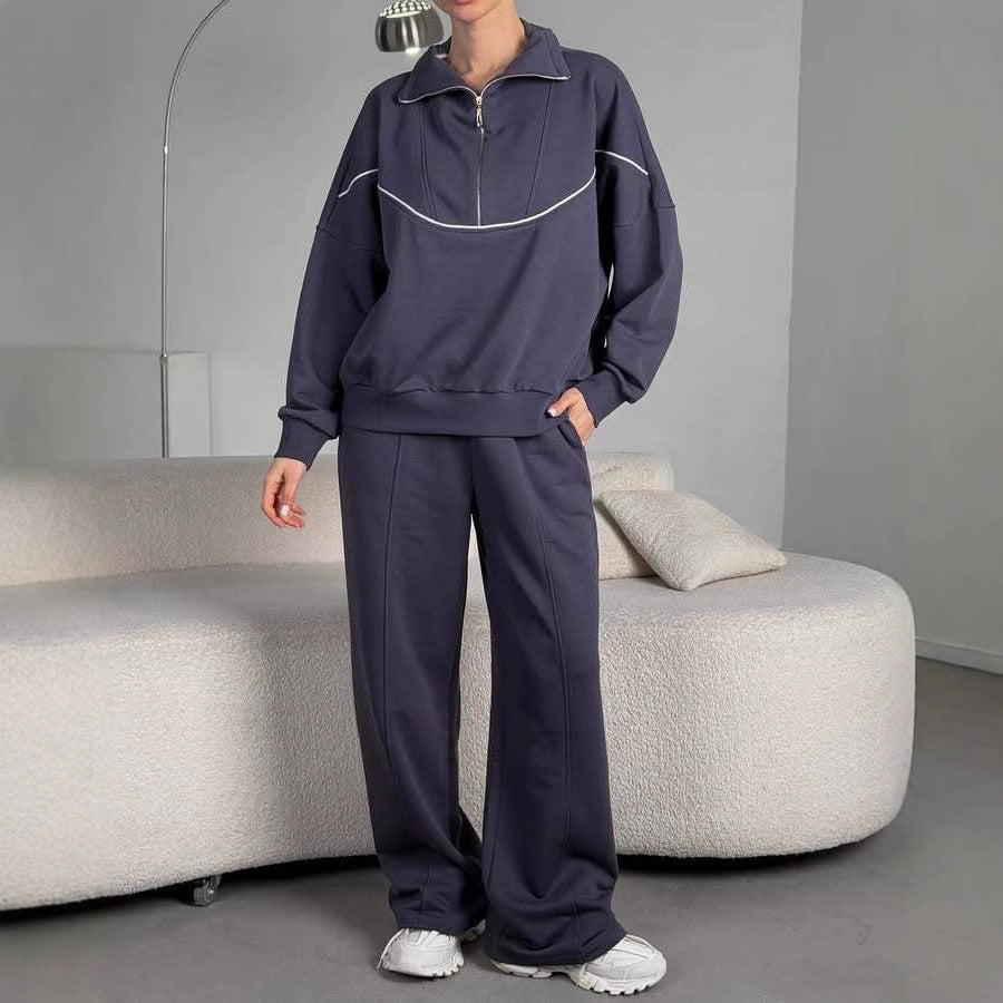 Damen Lockeres Loungewear-Set mit halbhohem Reißverschluss, überschnittenen Schultern und weiter Palazzohose EB