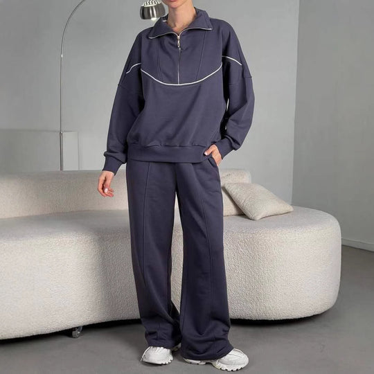 Damen Lockeres Loungewear-Set mit halbhohem Reißverschluss, überschnittenen Schultern und weiter Palazzohose EB