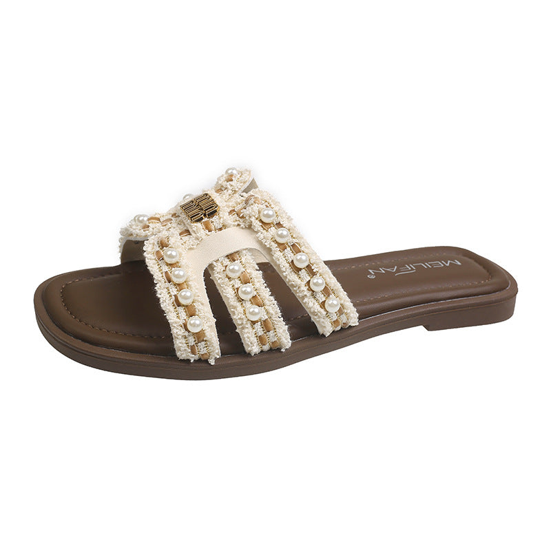 Damen elegante Sandalen mit perlenbesetztem Riemendesign EB