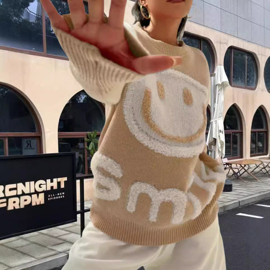 Damen Strickpullover mit fröhlichem Emoji-Motiv und komfortablem Schnitt EB