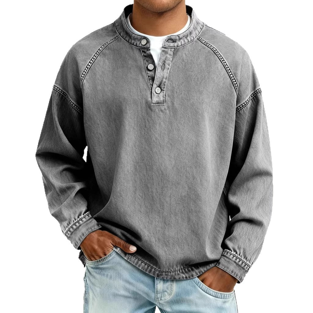Herren nan verwaschenes Henley-Shirt mit Stehkragen, lockerer Passform und Knopfleiste EB