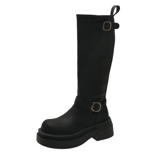Damen modische kniehohe Stiefel mit coolem Schnallen-Detail EB