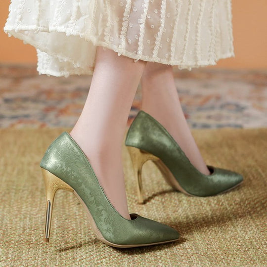 Damen elegante Pumps mit glänzendem Goldabsatz EB