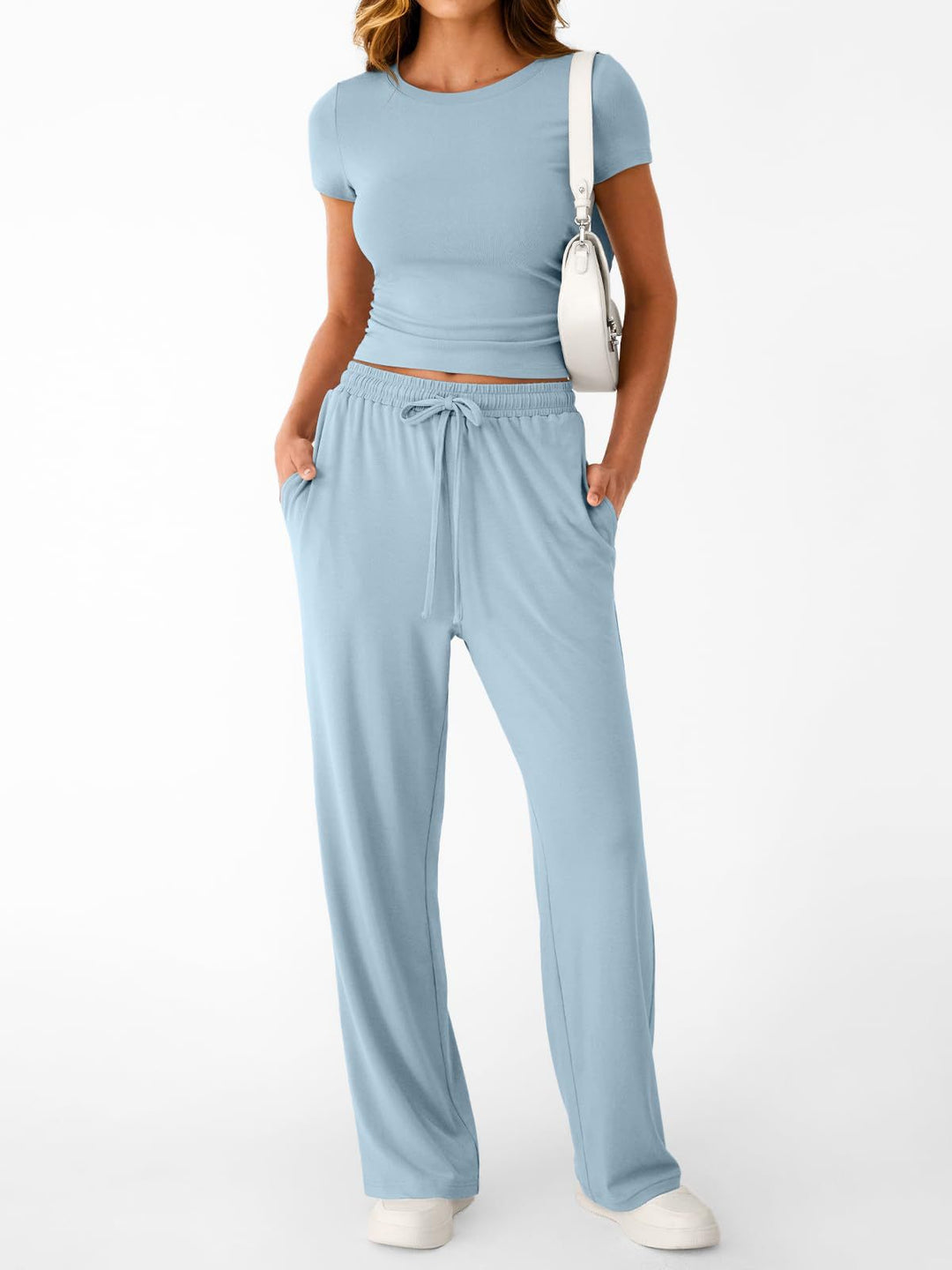 Damen lässiger Freizeitanzug mit kurzen Ärmel und weiten Hosen EB