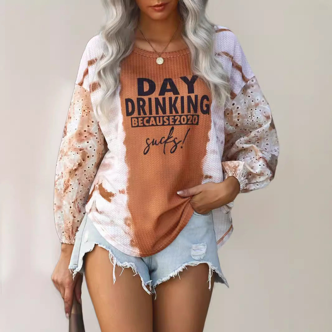 Damen Oversize Langarmshirt im Boho-Look mit Puffärmeln und Statement-Print EB