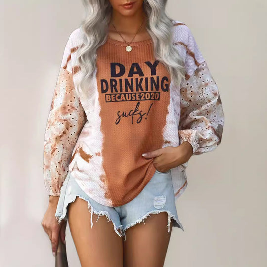 Damen Oversize Langarmshirt im Boho-Look mit Puffärmeln und Statement-Print EB