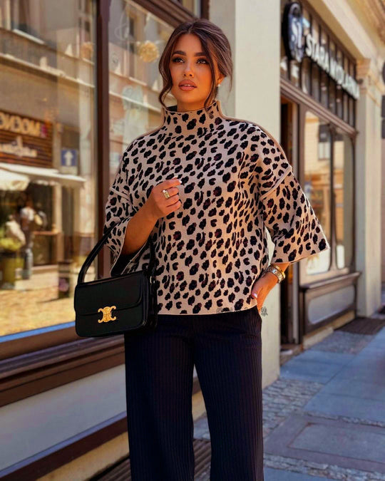 EB | Damenpullover mit Leopardenmuster und Hohem Kragen