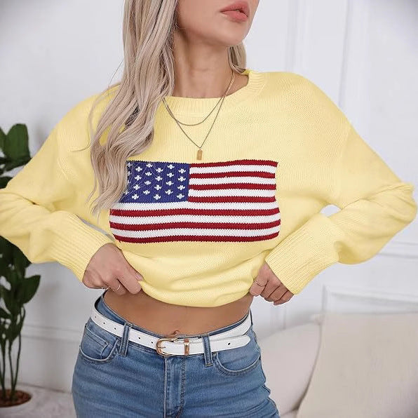 Damen Strickpullover mit Flaggenmotiv und lässigem Schnitt EB