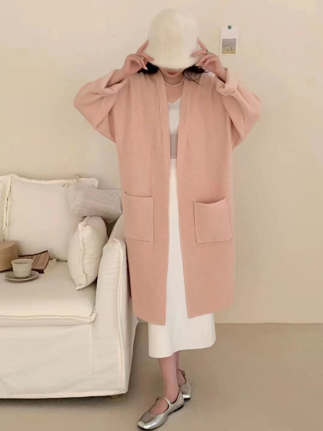 Damen Langer Oversized Strickcardigan mit praktischen Taschen und breiten Ärmeln EB