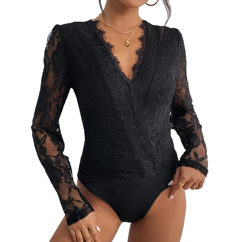 Damen Body mit romantischer Spitze und tiefem V-Ausschnitt EB