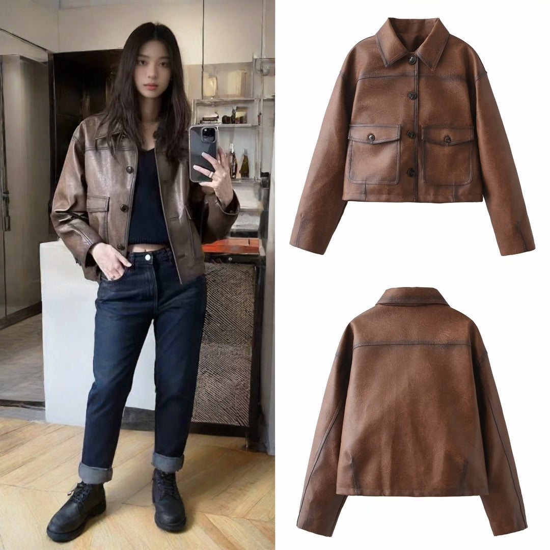 Damen Kunstlederjacke im modernen Cropped-Design mit praktischen Taschen EB