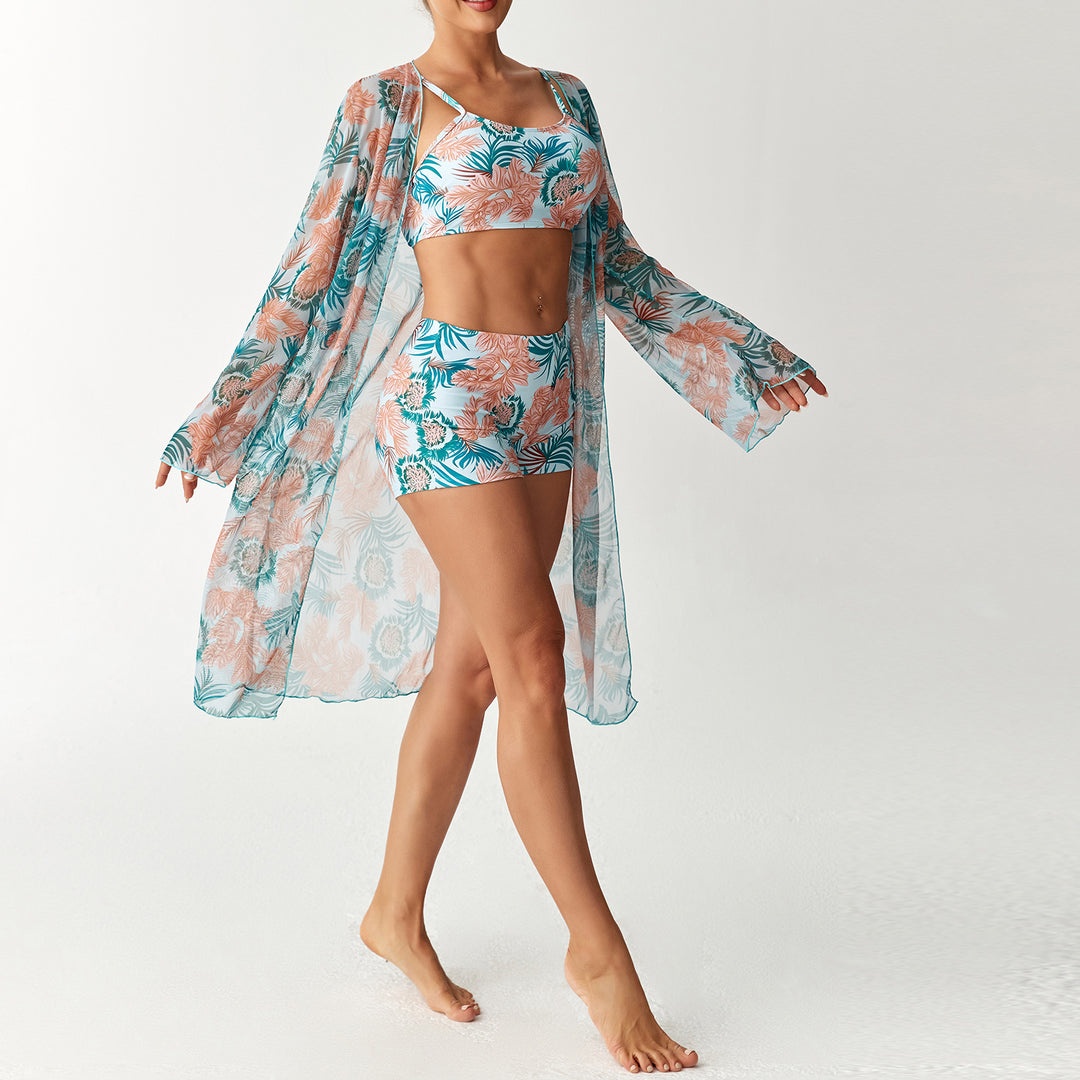 Damen Strandoutfit mit floralem Design und transparentem Kaftan EB